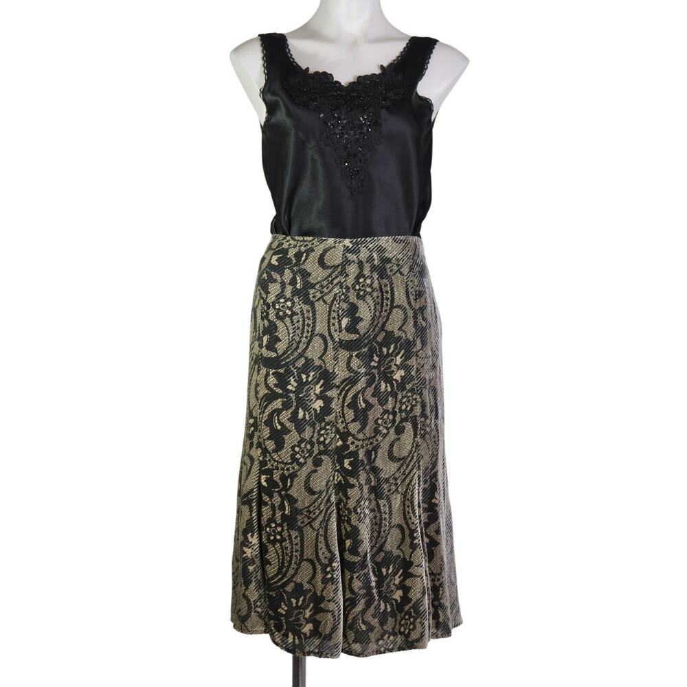 y2k Silk Midi Skirt Velvet Burnout Size 12 Black Silver Whimsigoth Office Siren